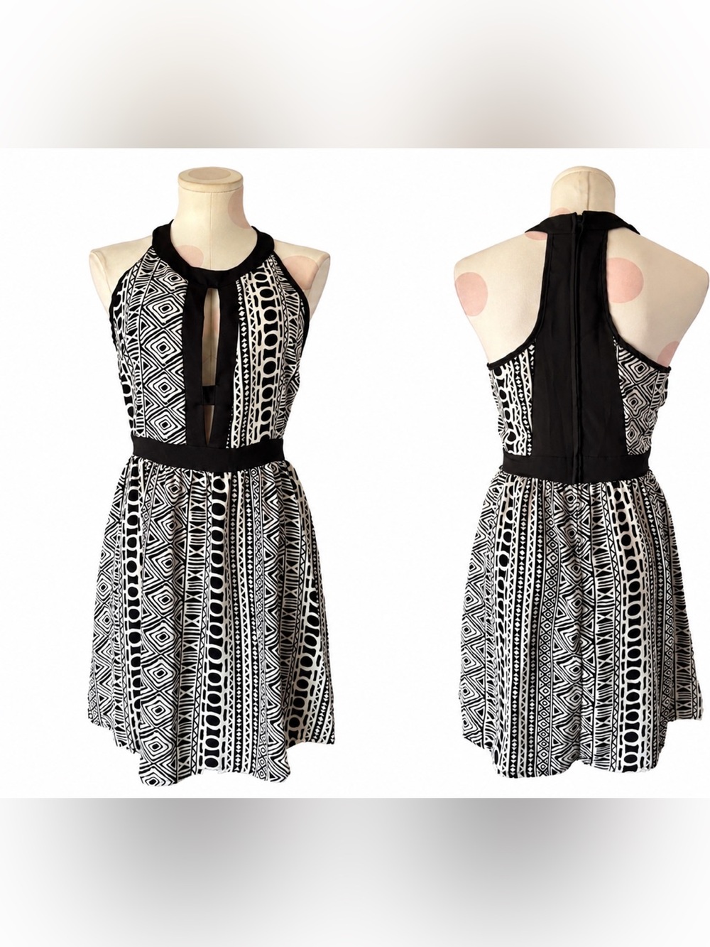 NWT Black & White Geometric Halter Fit & Flare Dress Size M